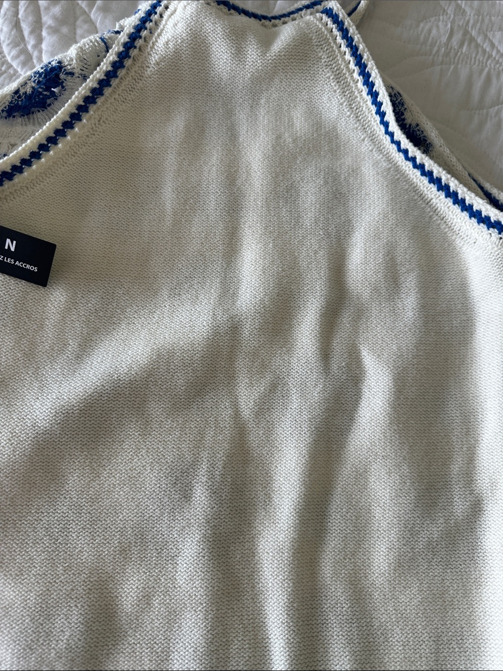 Tribal White Crochet Top with Blue Floral Accents - Picture 5 of 6